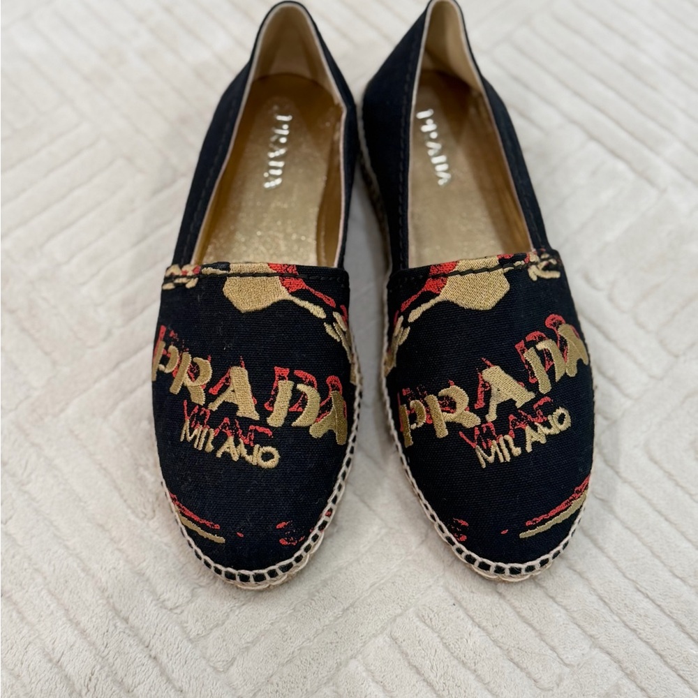 Prada Black Canvas Espadrilles with Gold and Red Logo Embroidery